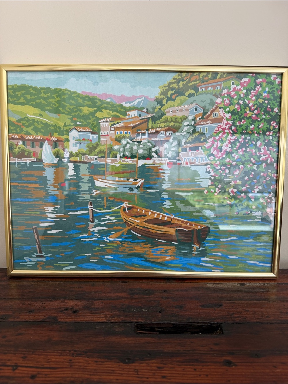 Scenic Lakeside Rowboat Paint-By-Number Framed Painting.